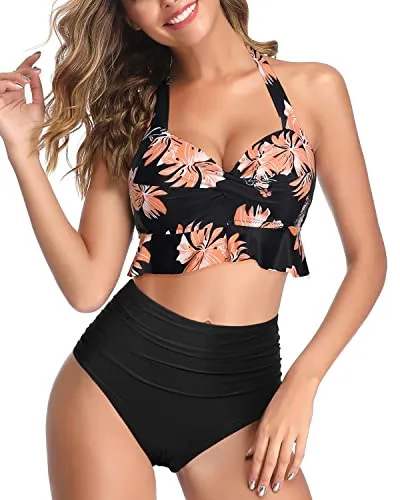 High Waisted Bikini Push Up Ruffle Two Piece Swimsuits-Black Orange Floral