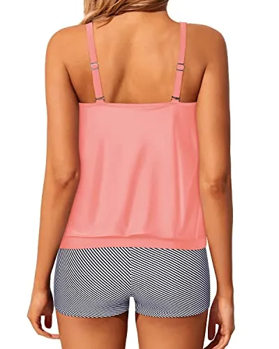 High Waisted Boyshort Tankini Bottoms Modest Swimsuits-Coral Pink Stripe