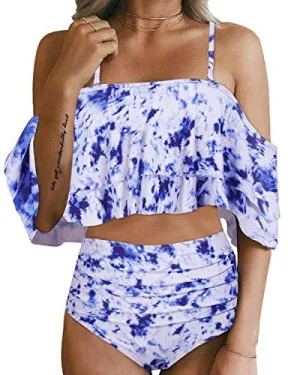 High Waisted Off Shoulder Ruffle Bikini Swimsuit-Blue Tie Dye