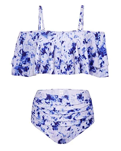 High Waisted Off Shoulder Ruffle Bikini Swimsuit-Blue Tie Dye