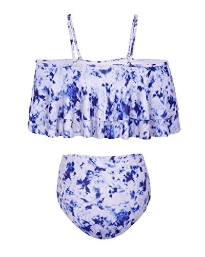 High Waisted Off Shoulder Ruffle Bikini Swimsuit-Blue Tie Dye