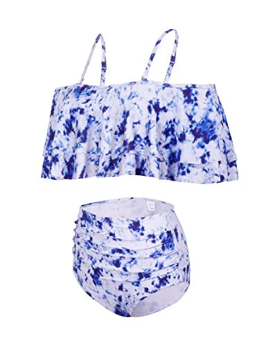 High Waisted Off Shoulder Ruffle Bikini Swimsuit-Blue Tie Dye