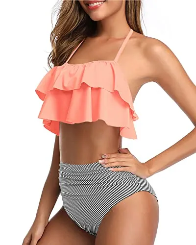High Waisted Two-Piece Bikini Set Ruffle Tummy Control-Coral Pink Stripe