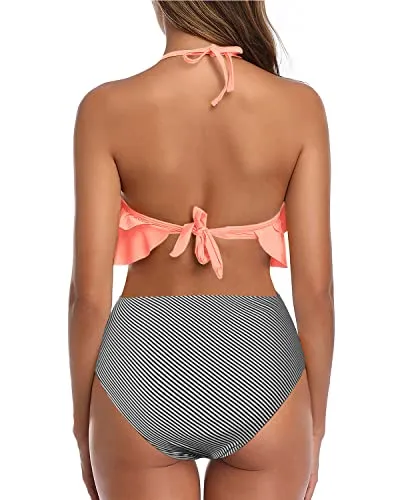 High Waisted Two-Piece Bikini Set Ruffle Tummy Control-Coral Pink Stripe