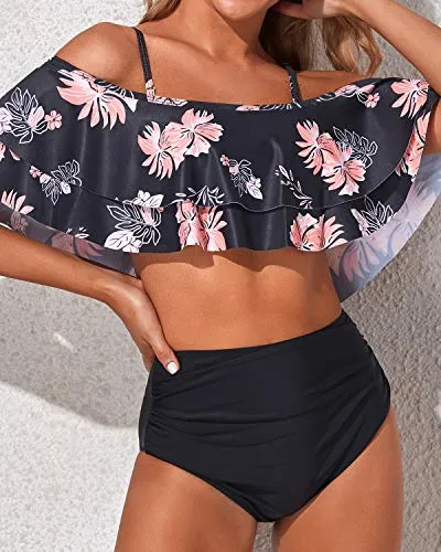 High Waisted Two Piece Off Shoulder Bikini Set-Black Orange Floral