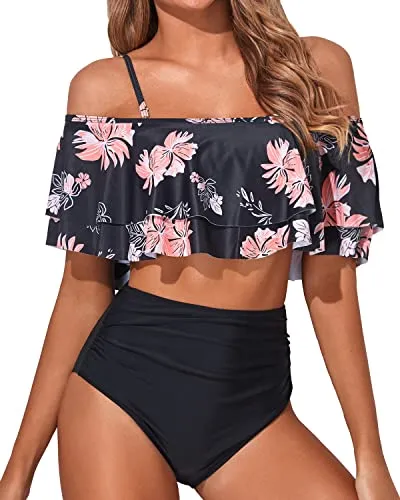 High Waisted Two Piece Off Shoulder Bikini Set-Black Orange Floral