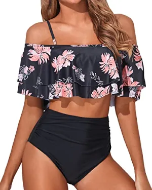 High Waisted Two Piece Off Shoulder Bikini Set-Black Orange Floral