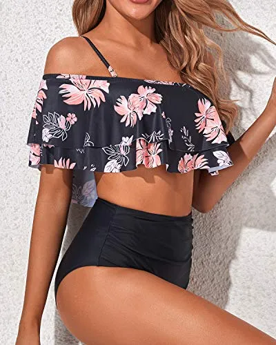High Waisted Two Piece Off Shoulder Bikini Set-Black Orange Floral