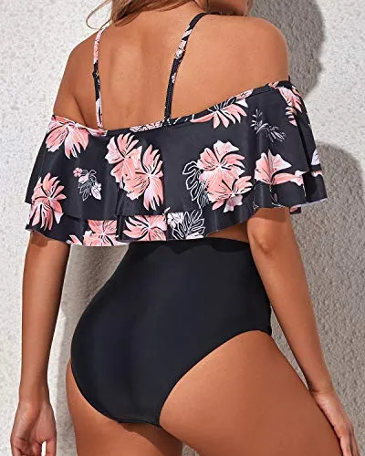 High Waisted Two Piece Off Shoulder Bikini Set-Black Orange Floral