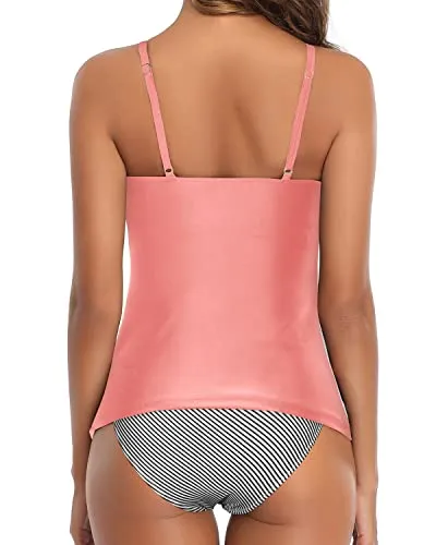 Leg-Lengthening High Cut Two Piece Tankini Swimsuit-Coral Pink Stripe