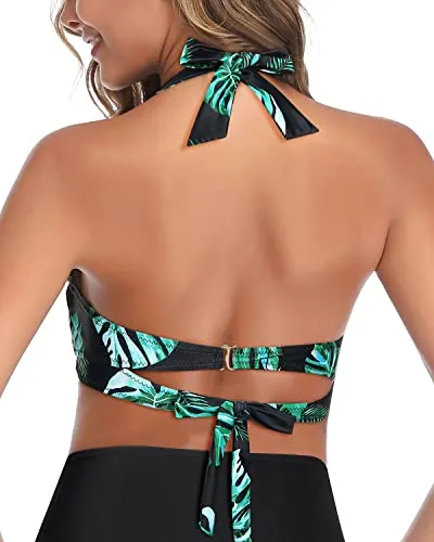 Mix And Match Push Up Halter Bikini Top Only-Black And Green Leaf