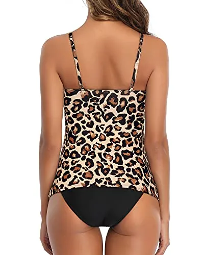 Modest Open Back Tankini High Cut Bottom-Black And Leopard