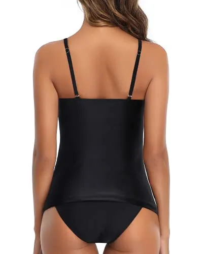 Modest Two Piece High Neck Tankini Swimsuit For Women-Black