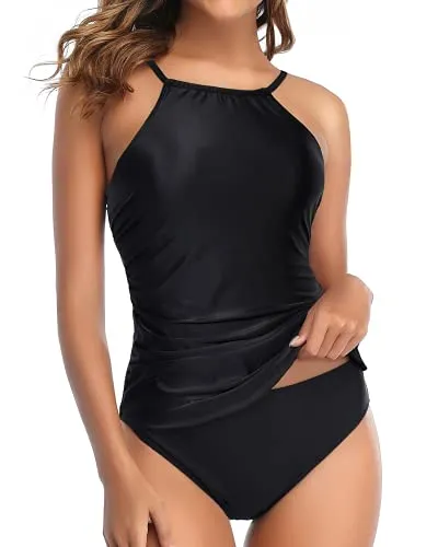 Modest Two Piece High Neck Tankini Swimsuit For Women-Black