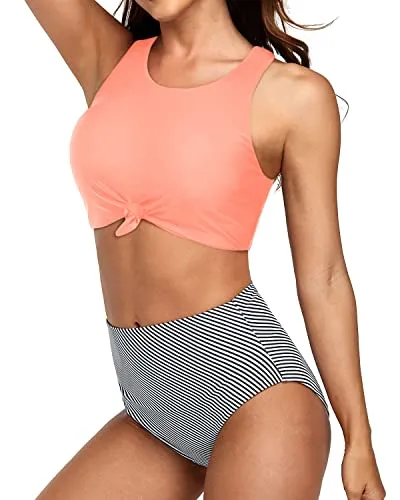 Modest Two Piece High Waisted Bathing Suits For Women-Coral Pink Stripe
