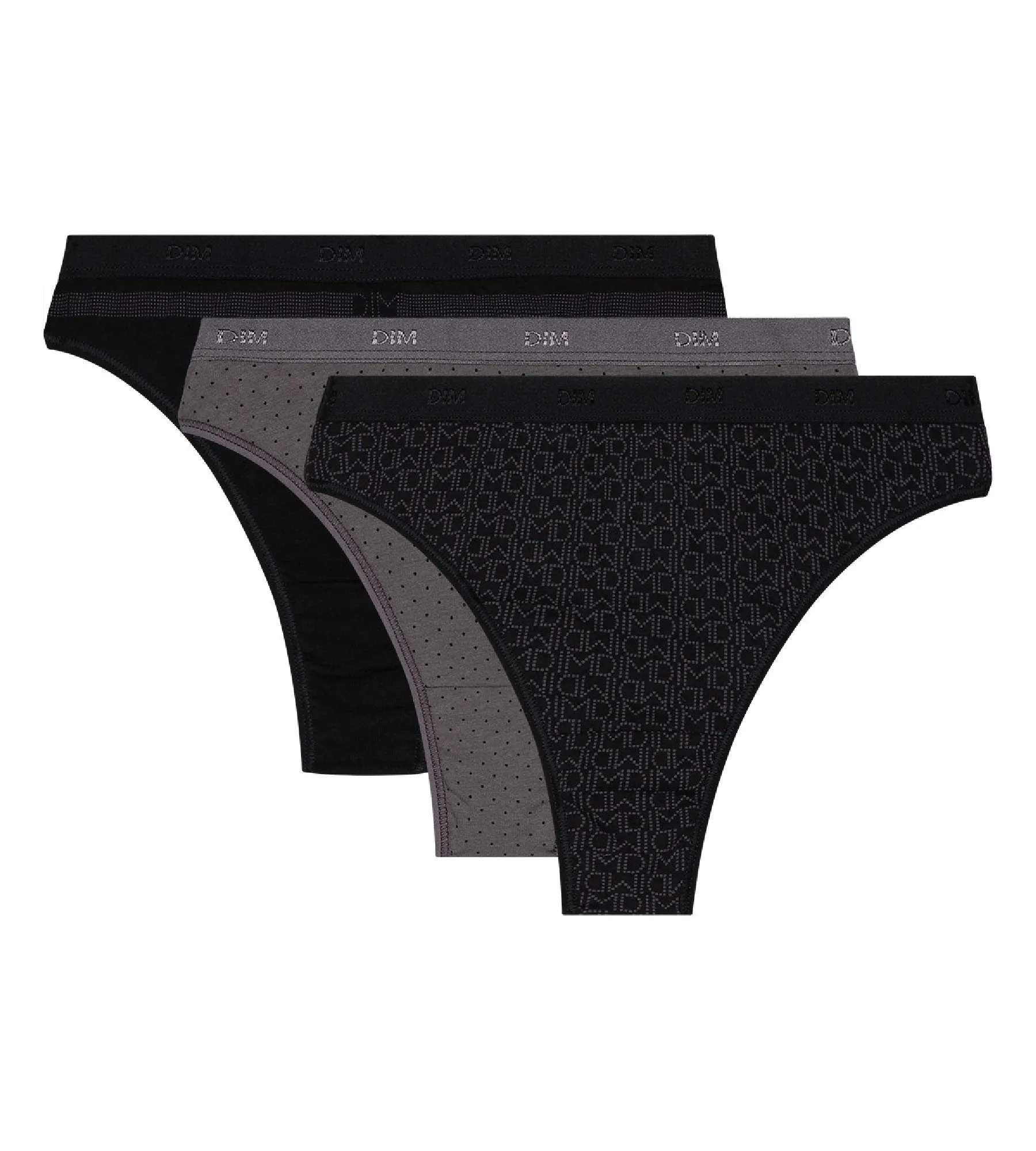 Pack of 3 black and grey Les Pockets Stretch Cotton thongs