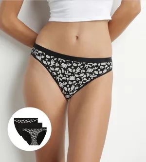 Pack of 3 black stretch cotton briefs with flowers Les Pockets