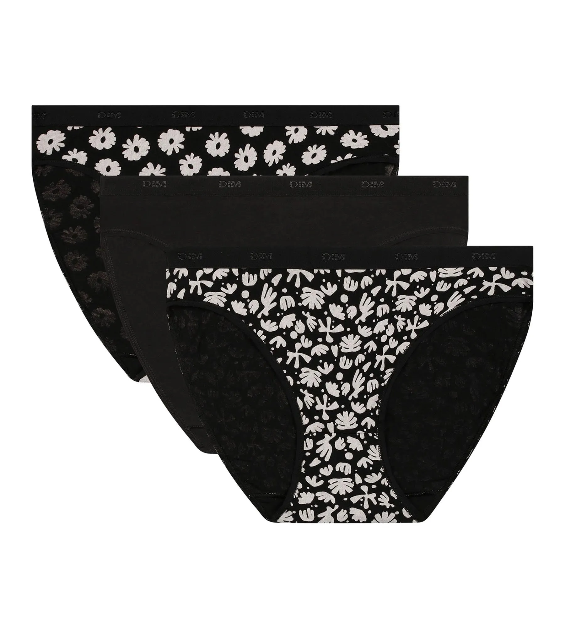 Pack of 3 black stretch cotton briefs with flowers Les Pockets