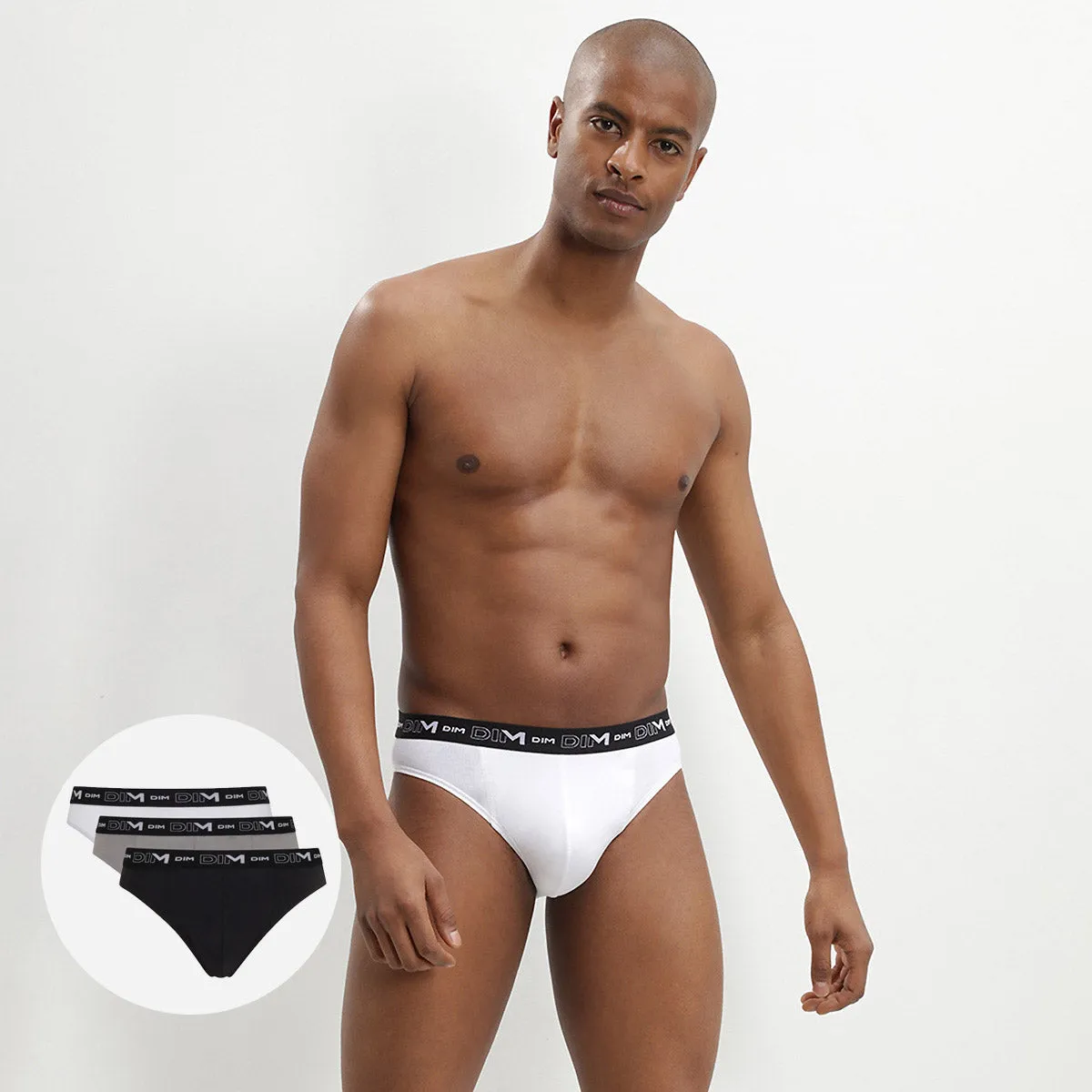 Pack of 3 pairs of black, grey and white stretch cotton briefs for men