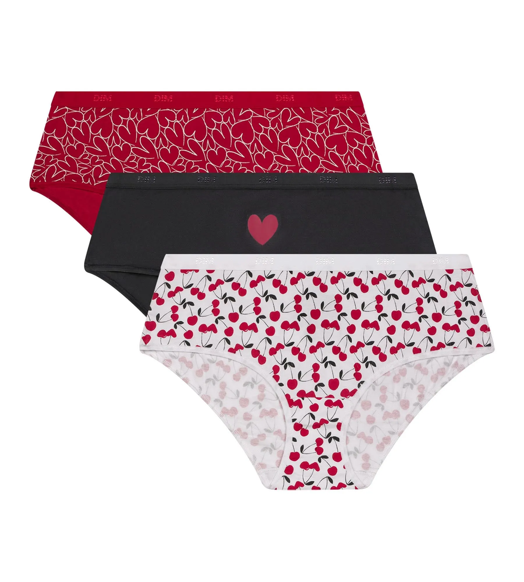 Pack of 3 red stretch cotton shorties with heart pattern Les Pockets