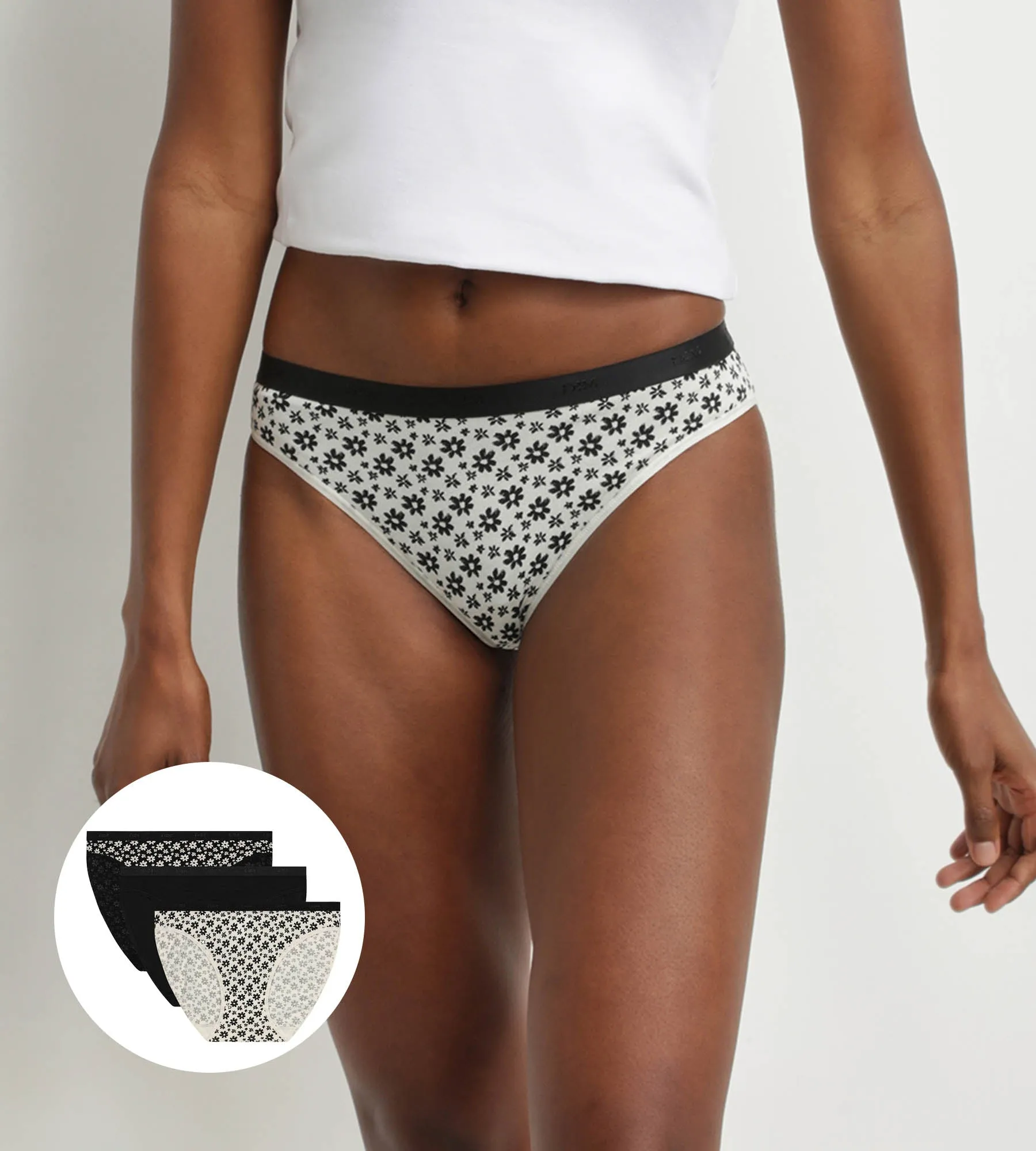 Pack of 3 stretch cotton floral knickers White Black Les Pockets