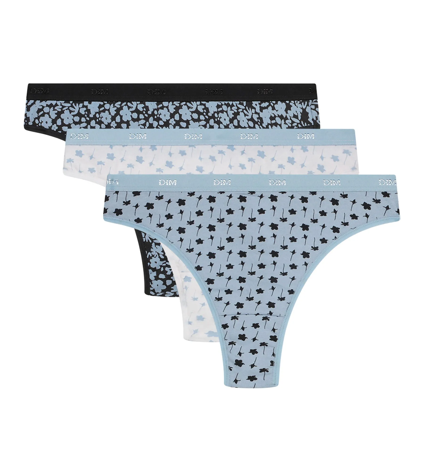 Pack of 3 stretch cotton thongs for women, blue-grey with flowers Les Pockets