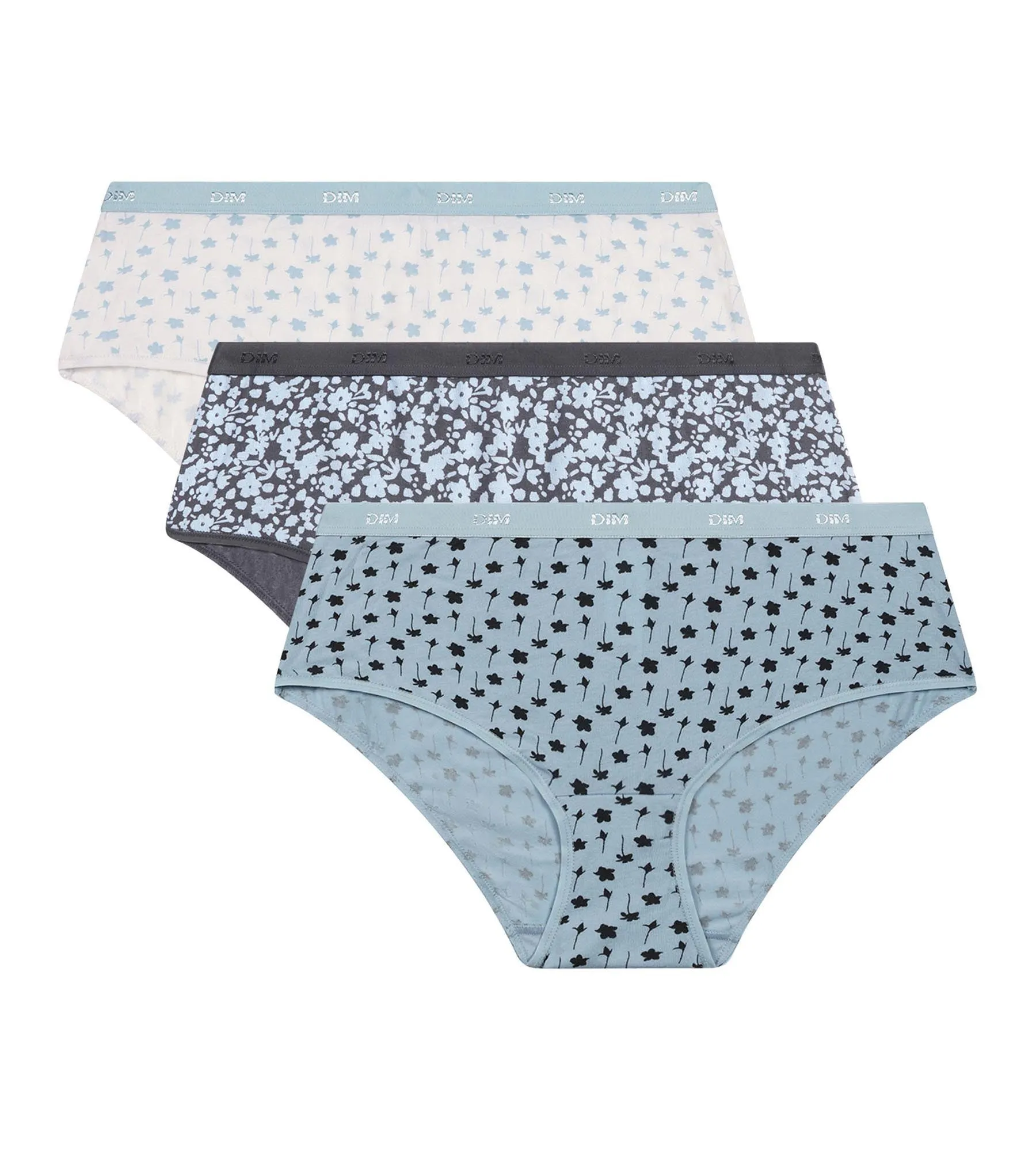 Pack of 3 women's blue stretch cotton shorties with flowers Les Pockets