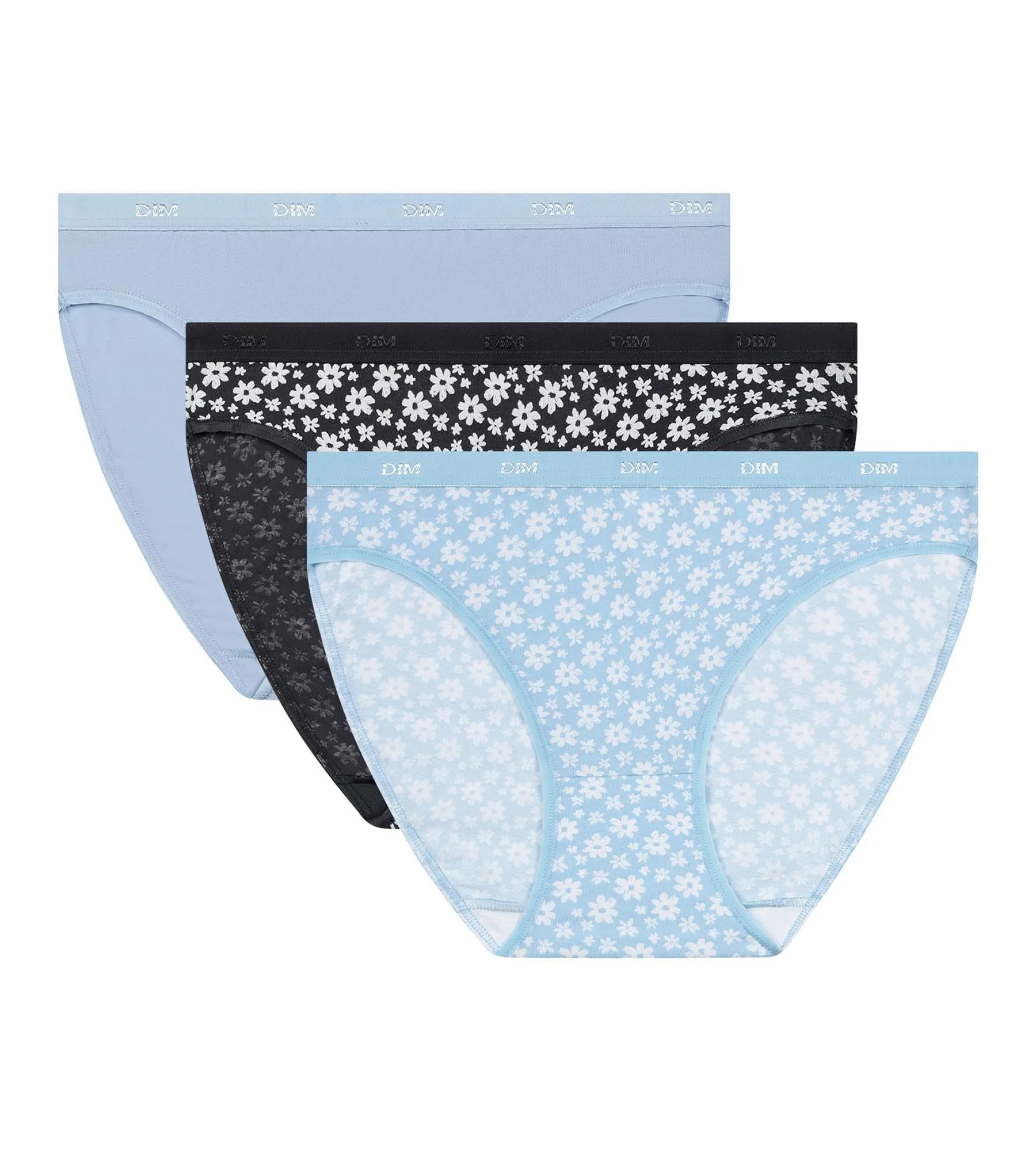 Pack of 3 Women's stretch cotton briefs Blue Grey with flowers Les Pockets