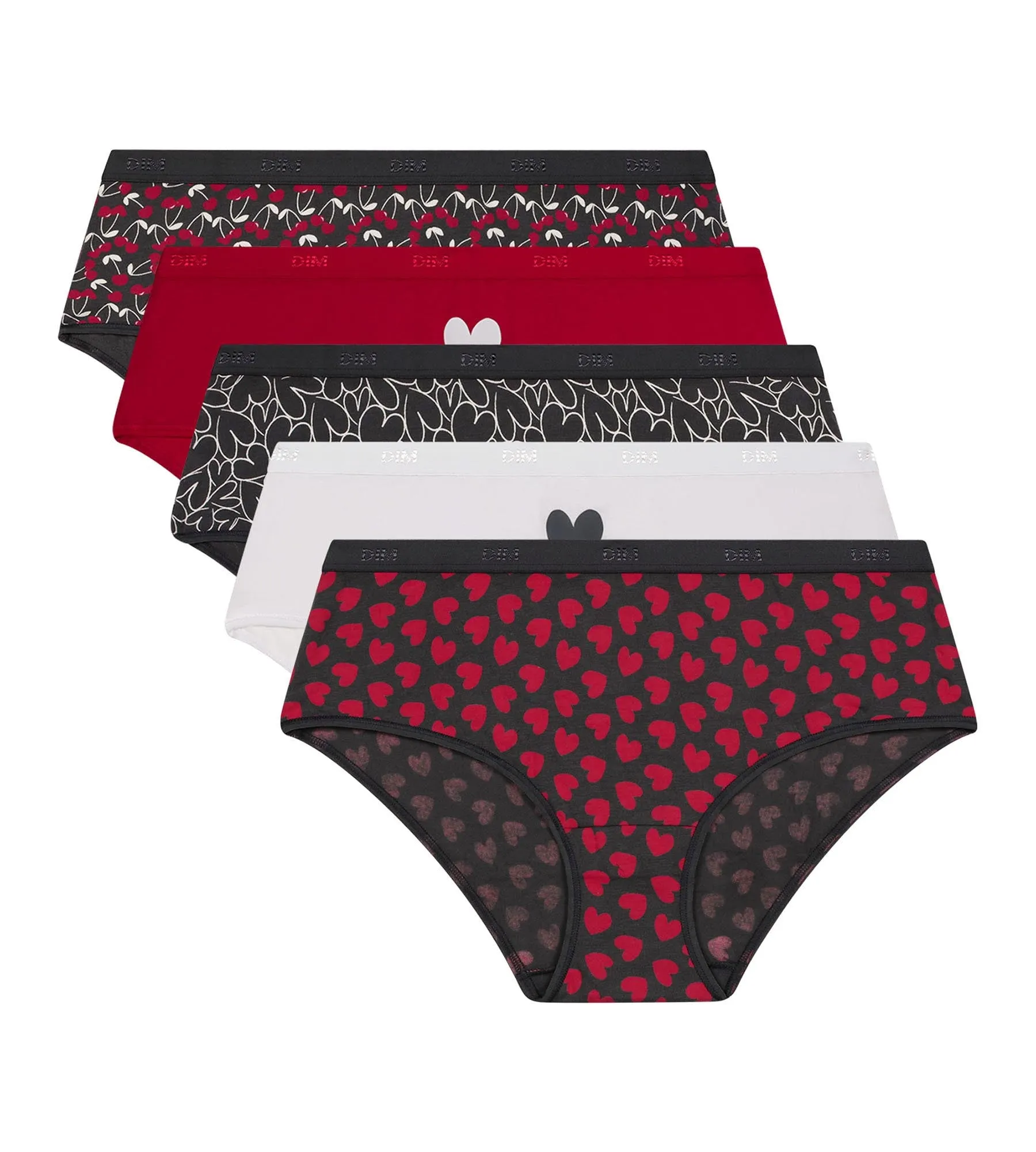 Pack of 5 red cotton stretch shorties with hearts Les Pockets