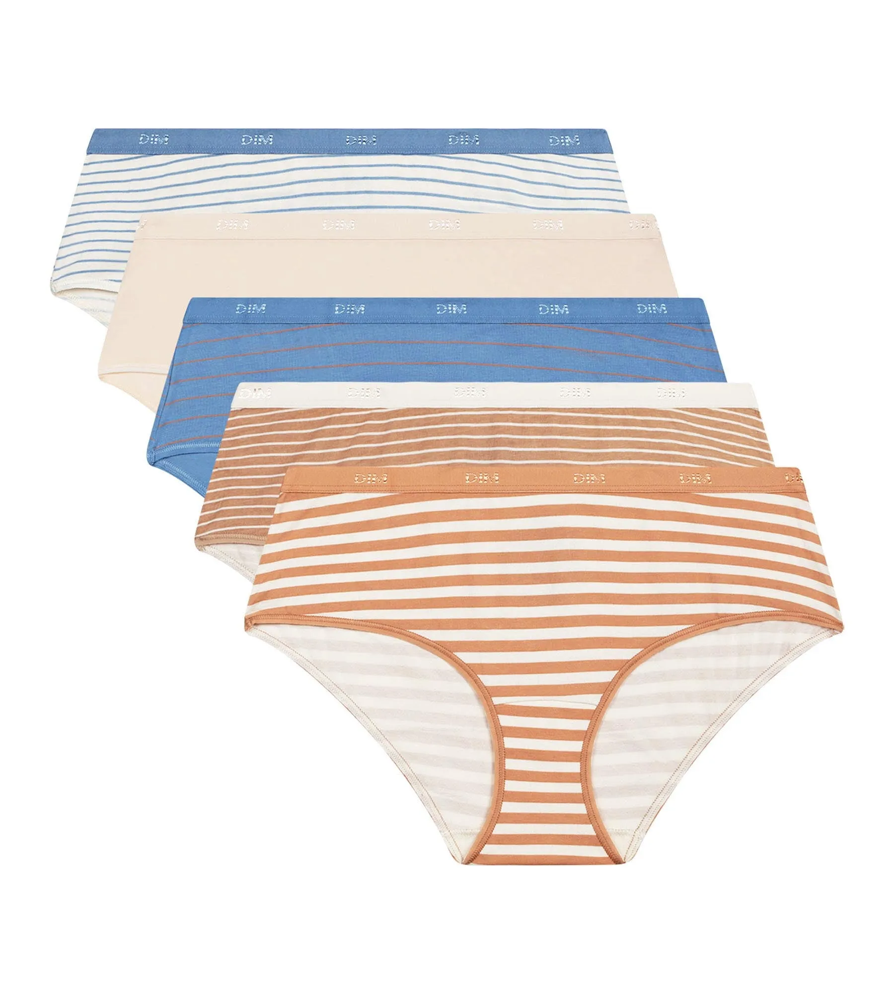 Pack of 5 women's stretch cotton shorties Beige Blue with stripes Les Pockets
