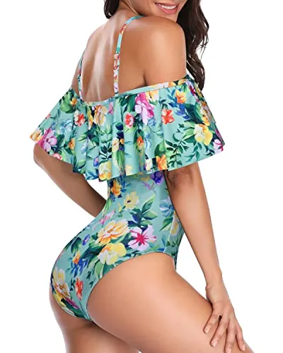 Padded Bra Off Shoulder One Piece Swimsuit-Mint Flowers