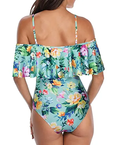 Padded Bra Off Shoulder One Piece Swimsuit-Mint Flowers
