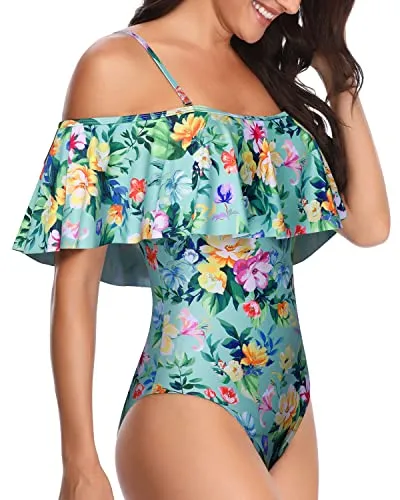 Padded Bra Off Shoulder One Piece Swimsuit-Mint Flowers