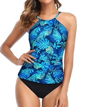 Padded High Neck Ruched Tankini Swimsuit For Women-Blue Leaves