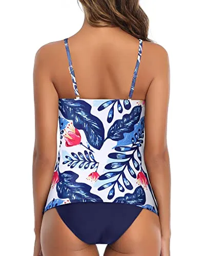 Padded Push Up Tankini Swimsuit Open Back-White And Blue Floral