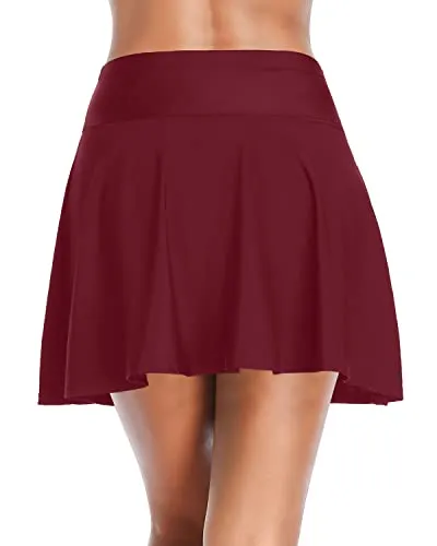 Pleated Swim Skirt Panty Long Skirted Swimsuit Bottom-Maroon