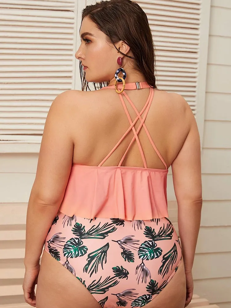 Plus Size Womens Suits Two Pieces High Waist Bottom Bkini Sets Flowy Beach Swimwear