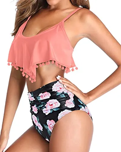 Pom Pom Trim Bathing Suit Two Piece Bikini Swimsuit-Coral Pink Floral