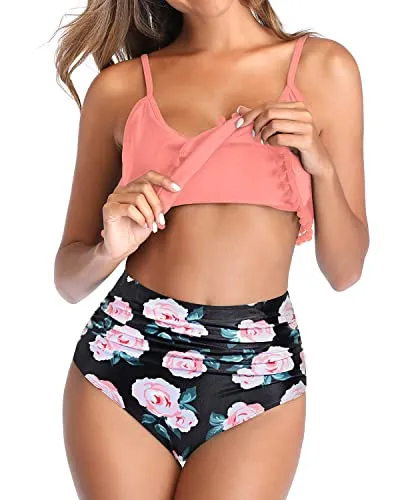 Pom Pom Trim Bathing Suit Two Piece Bikini Swimsuit-Coral Pink Floral