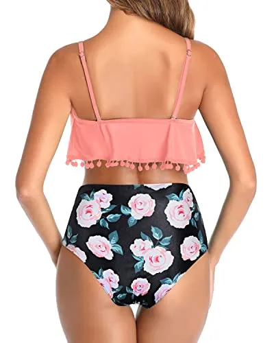 Pom Pom Trim Bathing Suit Two Piece Bikini Swimsuit-Coral Pink Floral