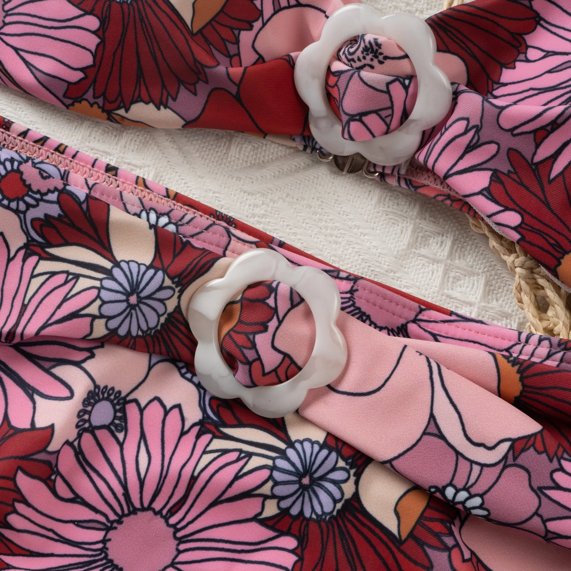 Purple One-shoulder Ruffle Floral Print Bikini Set