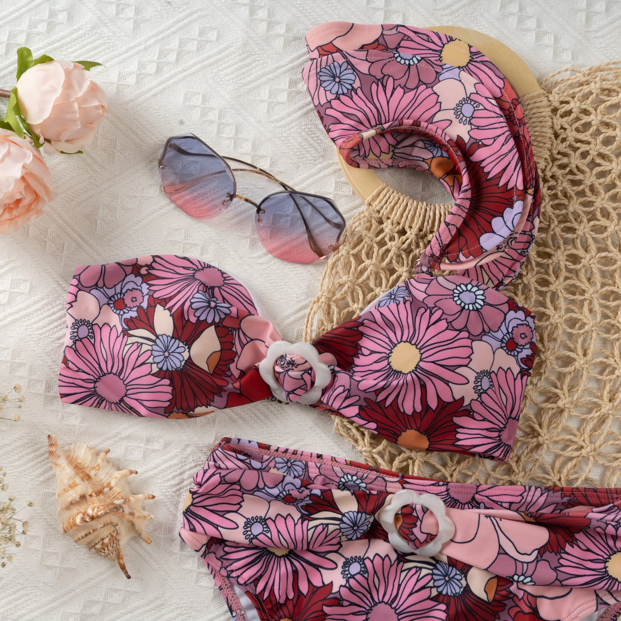 Purple One-shoulder Ruffle Floral Print Bikini Set