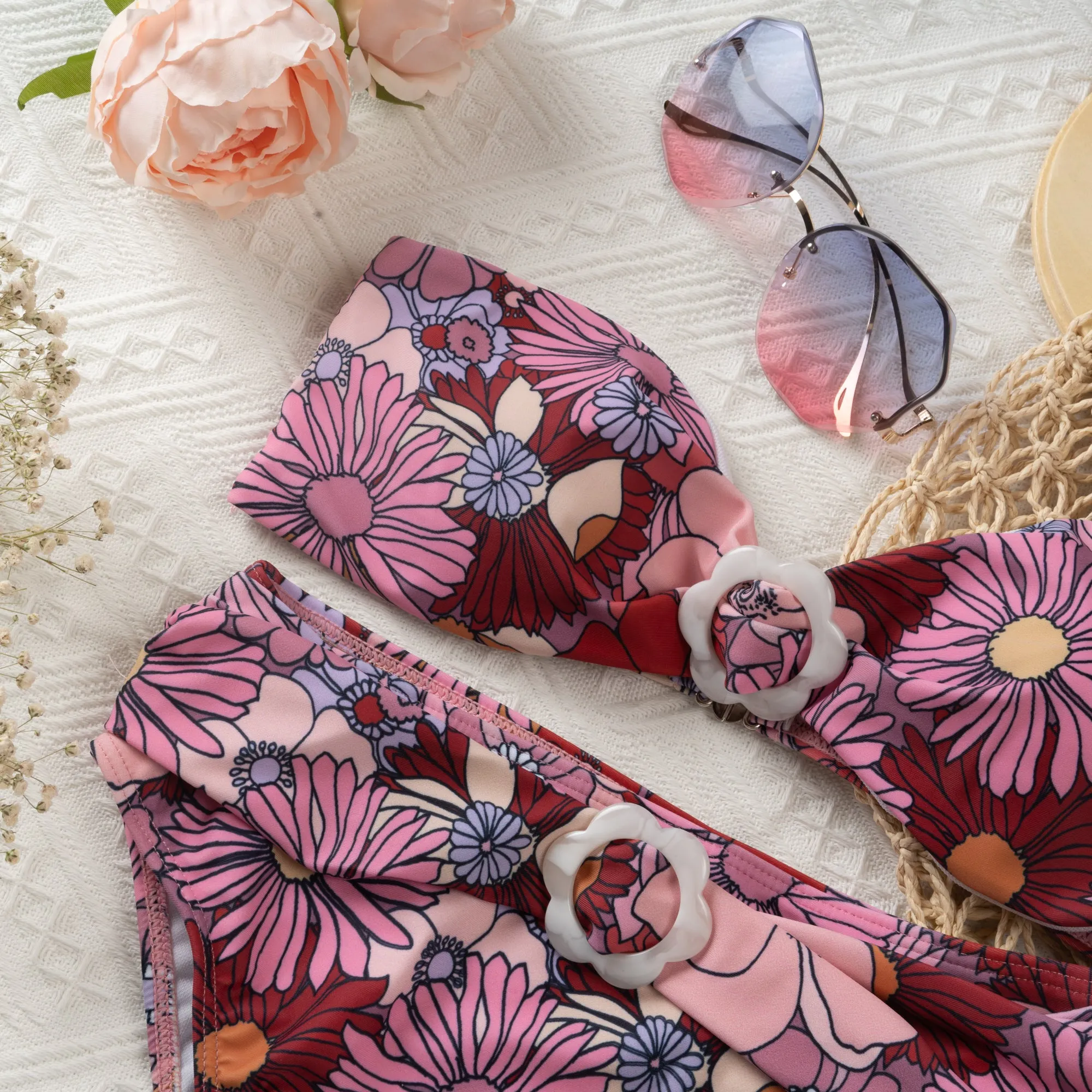 Purple One-shoulder Ruffle Floral Print Bikini Set