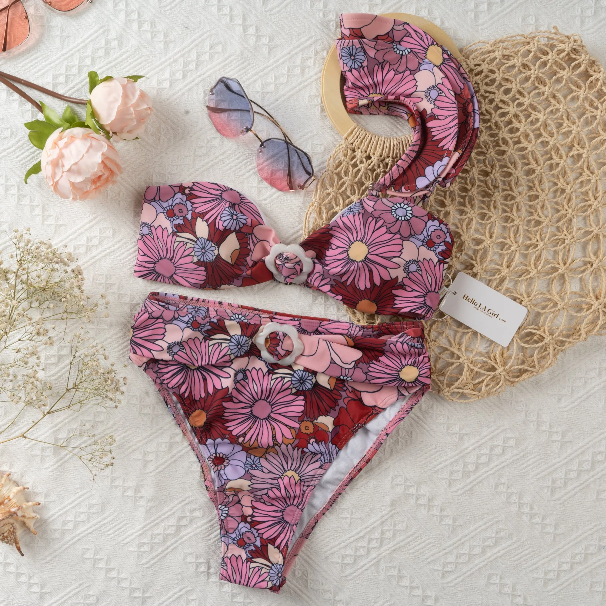 Purple One-shoulder Ruffle Floral Print Bikini Set