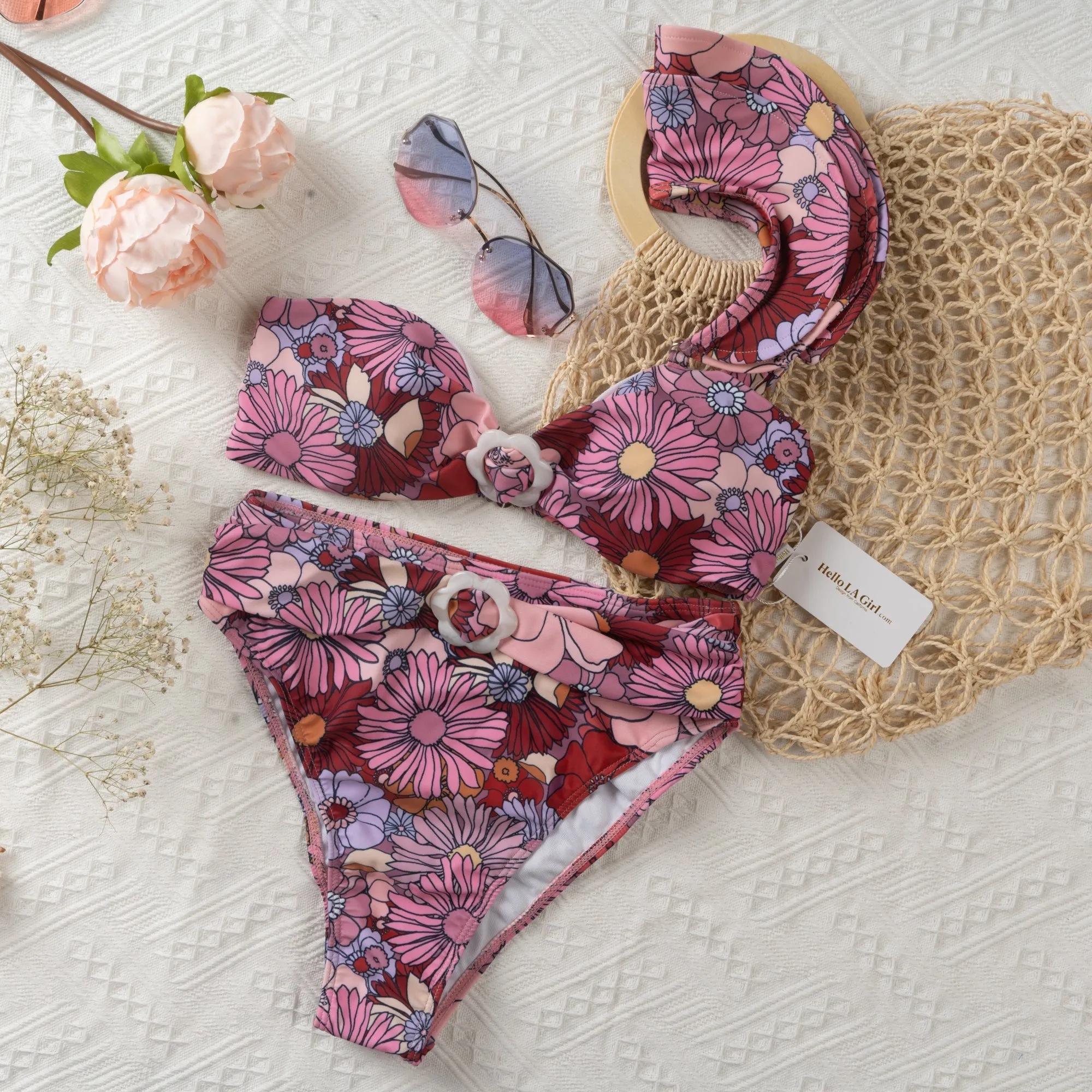 Purple One-shoulder Ruffle Floral Print Bikini Set