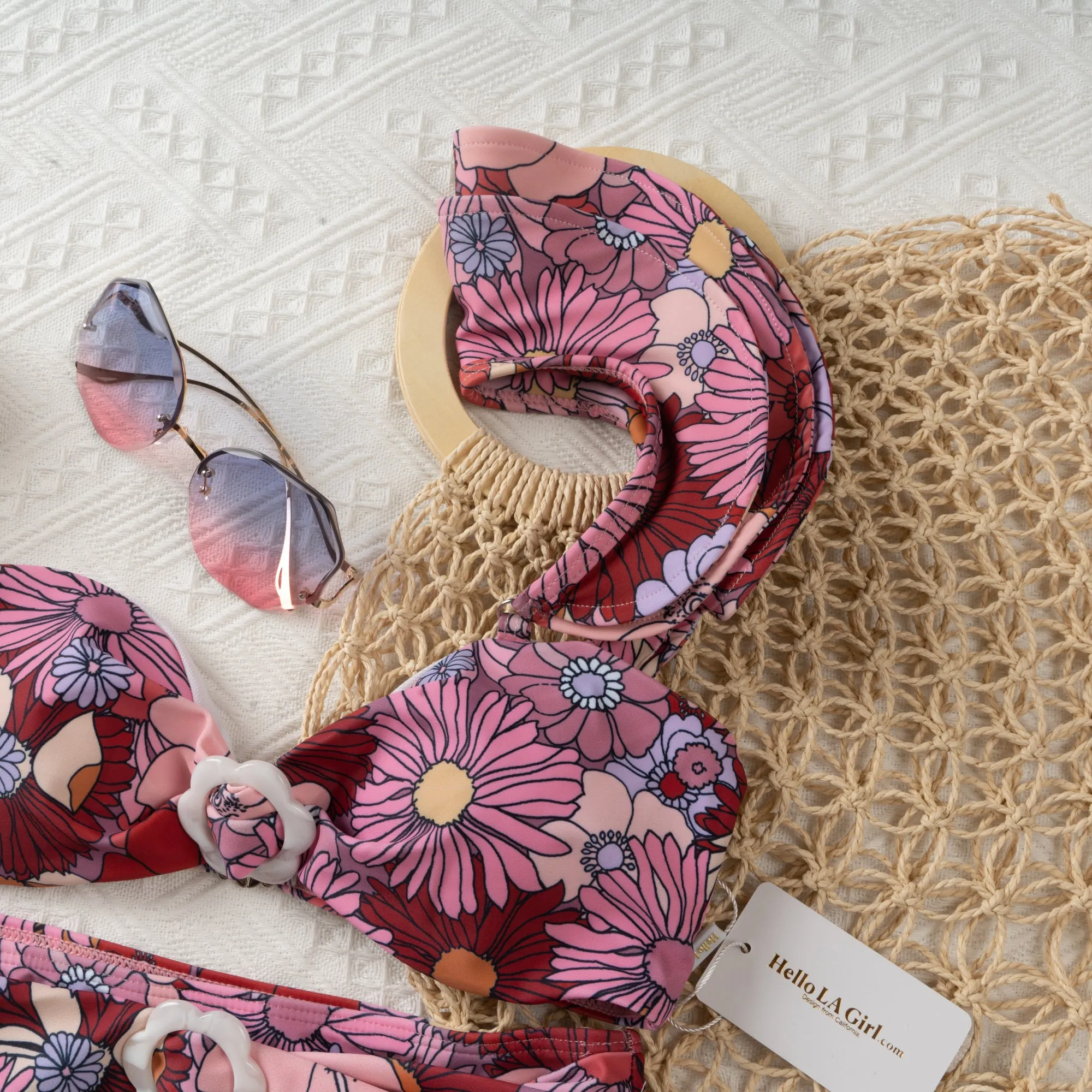 Purple One-shoulder Ruffle Floral Print Bikini Set