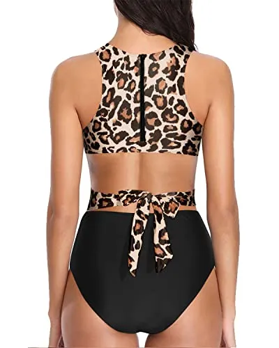 Racerback Zipper Closure Tummy Control Cutout Monokini-Black And Leopard