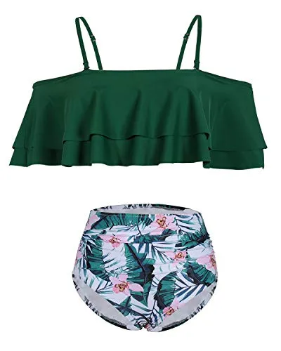 Removable Padded Push Up Two Piece High Waisted Bikini Set-Green Tropical Floral