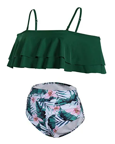 Removable Padded Push Up Two Piece High Waisted Bikini Set-Green Tropical Floral