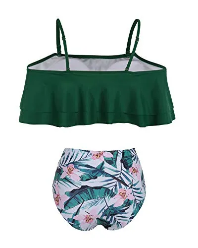 Removable Padded Push Up Two Piece High Waisted Bikini Set-Green Tropical Floral